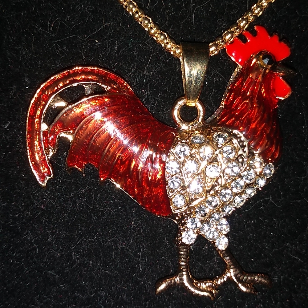 White Crystal and Red Enamel Rooster Pendant Necklace - Picture 2 of 7